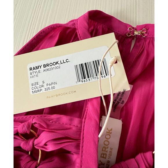 Ramy Brook Katie Dark Pink Halter Top Gold Ring Satin Blouse NWT | Size Small - Picture 9 of 16